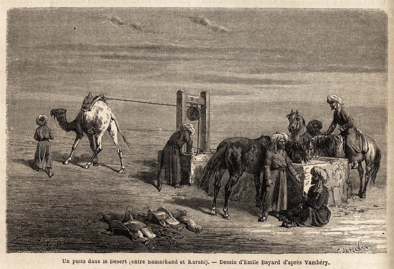 A well in the desert, between Samarkand and Karshi (cities of present-day Uzbekistan). Drawing by Emile Bayard (1837-1891), to illustrate the journey to Central Asia, in 1863, by Arminius Vambery (Hungarian scientist disguise in dervish). Engraving in “” L 作者 未知艺术家
