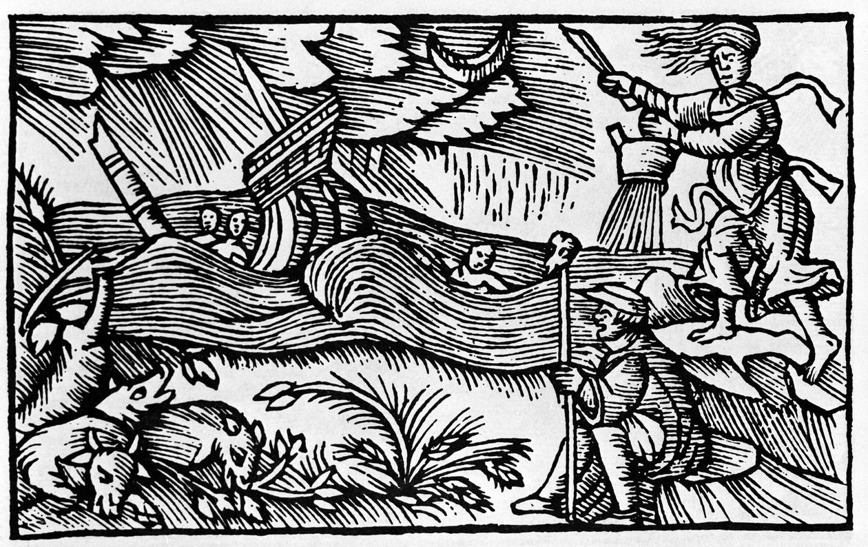 1555 年，罗马奥劳斯·马格努斯 (Olaus Magnus) 撰写的“Historia de gentis nortentrionalibu”之后，女巫引发了一场风暴 作者 未知艺术家