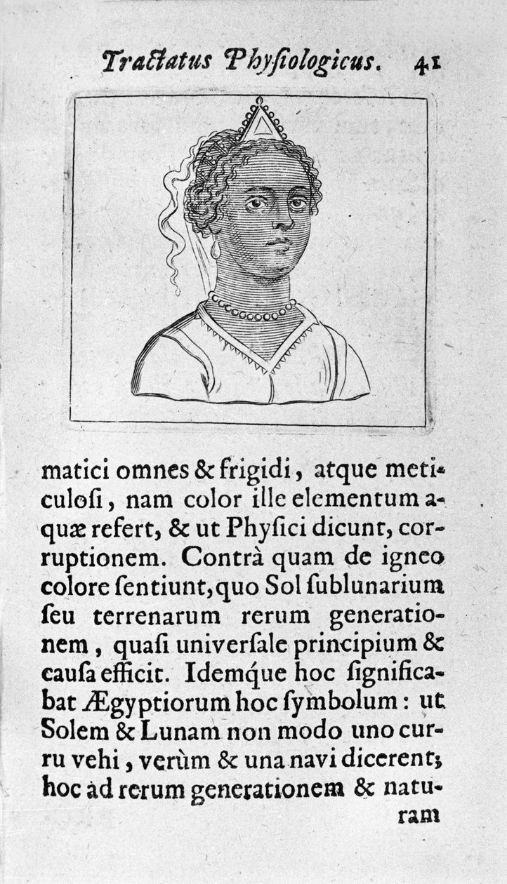 一个女人的皮肤是黑色的。 摘自“Tractatus physiologicus de pulchritudine””的页面讲述了埃内斯托·维尼奥 (Ernestus Vaenius) 捍卫创造之美对抗匿名对手的故事。 1612 作者 未知艺术家