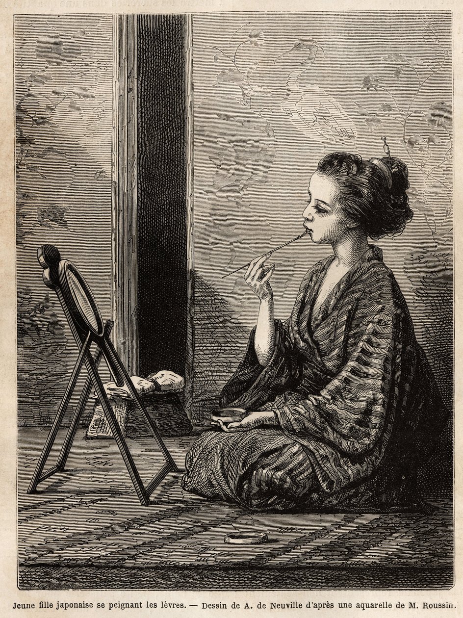 A young girl from Yedo (or Edo, present-day Tokyo), painting her lips in front of her mirror, has her dimensions the lacquer box containing her necessities: combs, brushes and hairpins, toothpowder, rice powder and other cosmetics. Engraving to illustrate  作者 未知艺术家