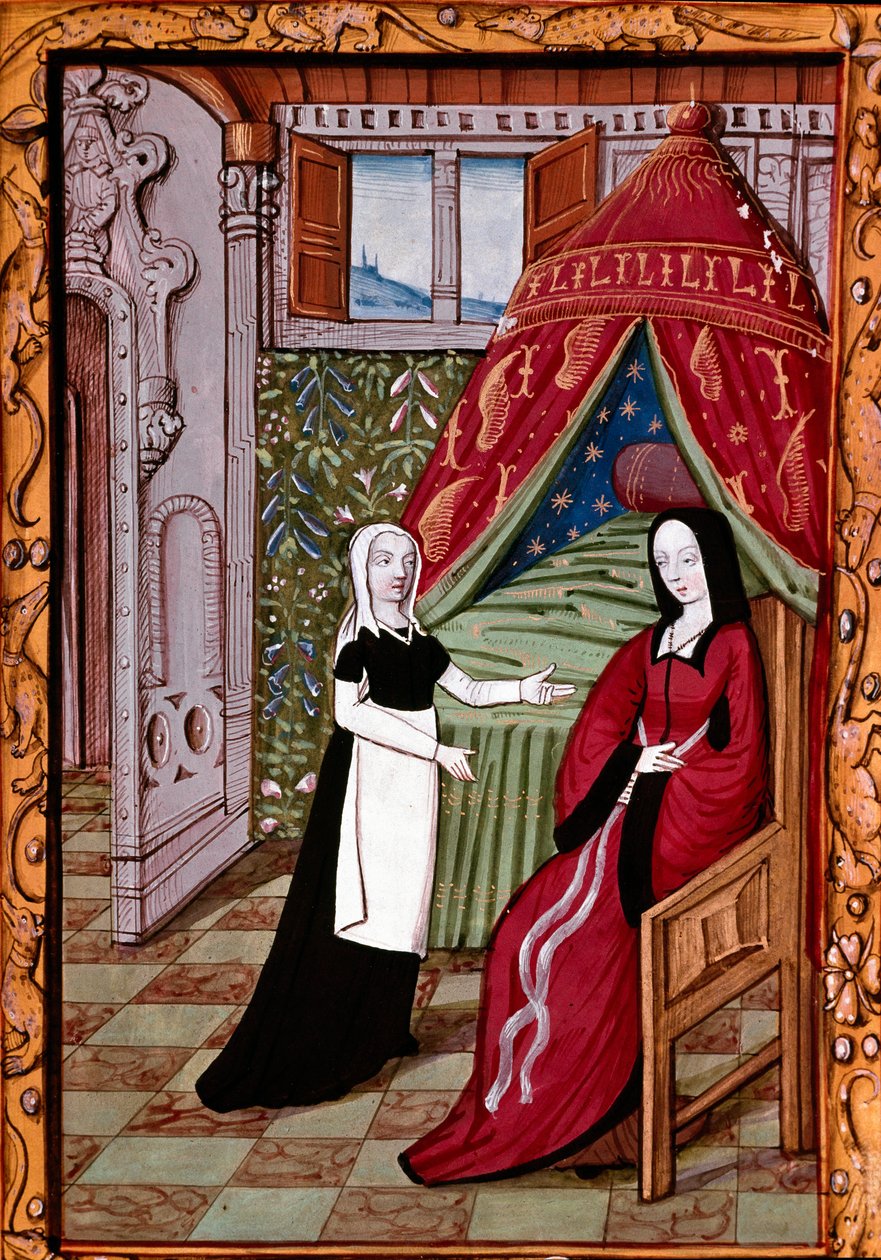 一位年轻女子可能是路易丝·拉瓦尔（Louise Laval，卒于 1480 年）在她的卧室里，她的微型仆人取自“Histoire de Jean III de Brush et de sa femme Louise de Laval””（1475 年，第 10 章）尚蒂伊，孔德博物馆 作者 未知艺术家