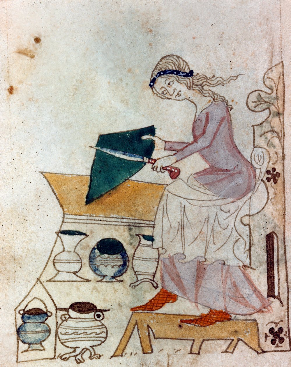 一个年轻女子正在磨刀。取自普罗旺斯 "Dis des philosophes "类型手稿的微型画（MS Palat. 586） 14世纪佛罗伦萨国家图书馆 作者 未知艺术家