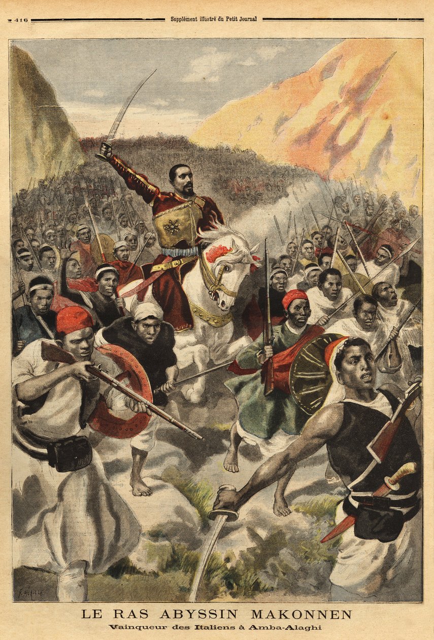 Abyssinian ras Ras Makonnen (Mekonnen Welde Mikael) (Abba Qagnew) (1852-1906), warlord and right arm of Emperor Menelik II (1844-1913), with his troops, winner of Amba Alaghi, of the Italian army commanded by Major Toselli. Engraving in “” Le petit journal 作者 未知艺术家