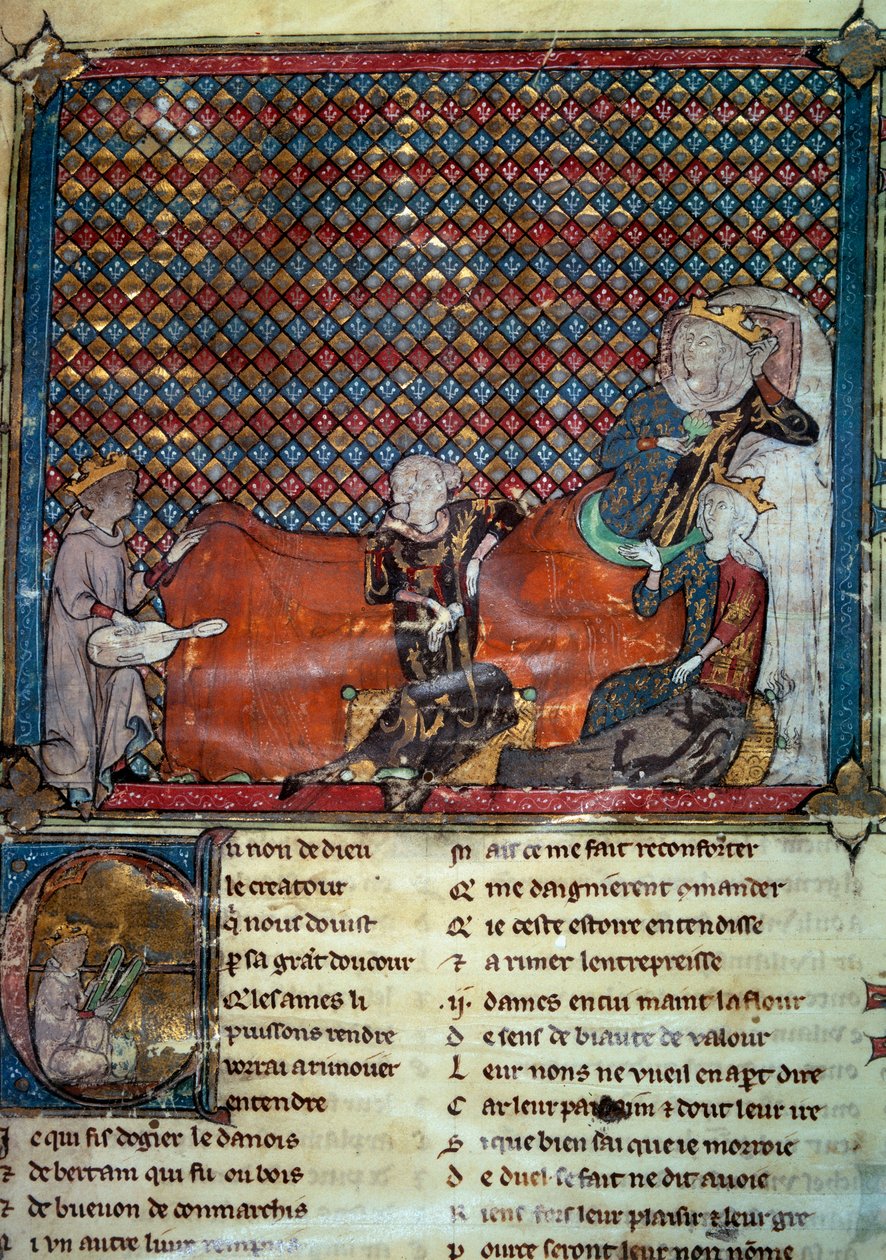 Adenet le Roi（约 1240-约 1300），诗人和梅内斯特尔，在玛蒂尔德·德·布拉班特（Mathilde de Brabant，1224-1288 年）和卡斯蒂利亚的布兰奇公主（圣路易斯的女儿）面前朗诵克莱奥马德斯的小说。 法国诗歌集的缩影 作者 未知艺术家