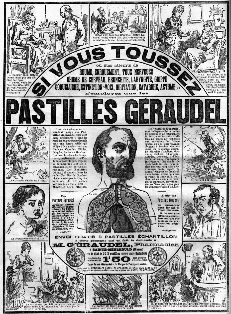 药剂师Arthur Geraudel (1841-1906) a Sainte-Menehould (圣梅尼奥德)的Geraudel药片广告，用于防治咳嗽。载于 "Le monde illustrious "的版画 作者 未知艺术家