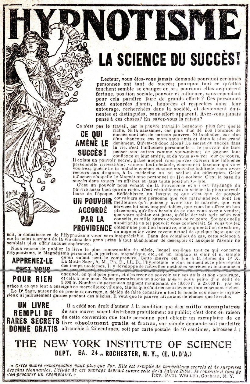一本催眠书的广告——在“”Le Petit Journal”” 作者 未知艺术家