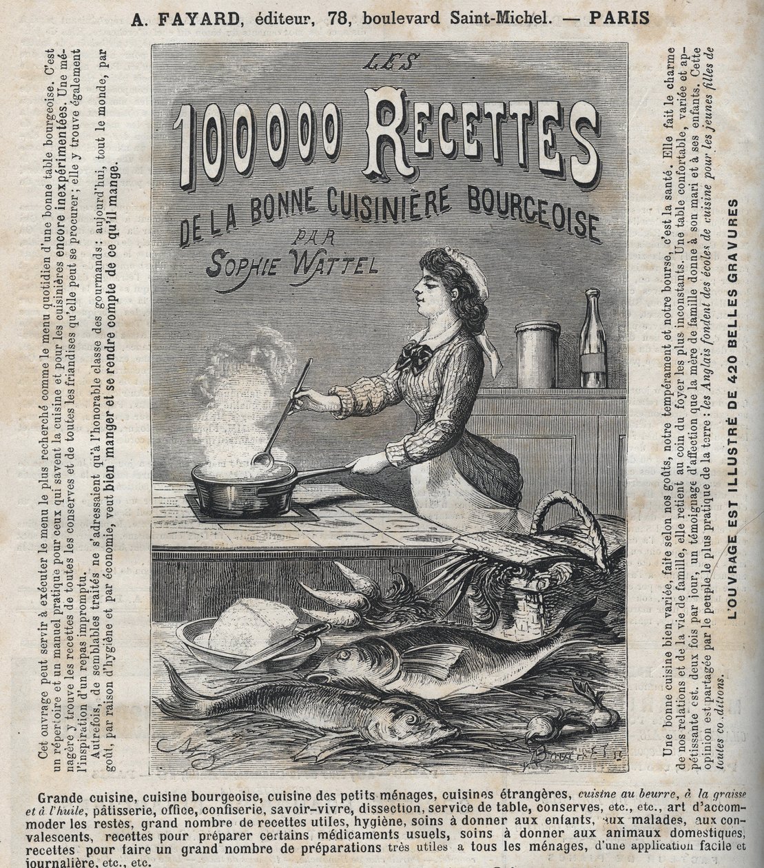 苏菲-瓦特尔（Sophie Wattel）的 "Les hundred thousand recipes de la bonne cuisiniere bourgeoise "一书的广告（Grande cuisine, bourgeois cuisine, cuisine des petits menages, cuisine of foreign cuisine, pastry, office, confectionery, savoir-vivre, dissection 作者 未知艺术家