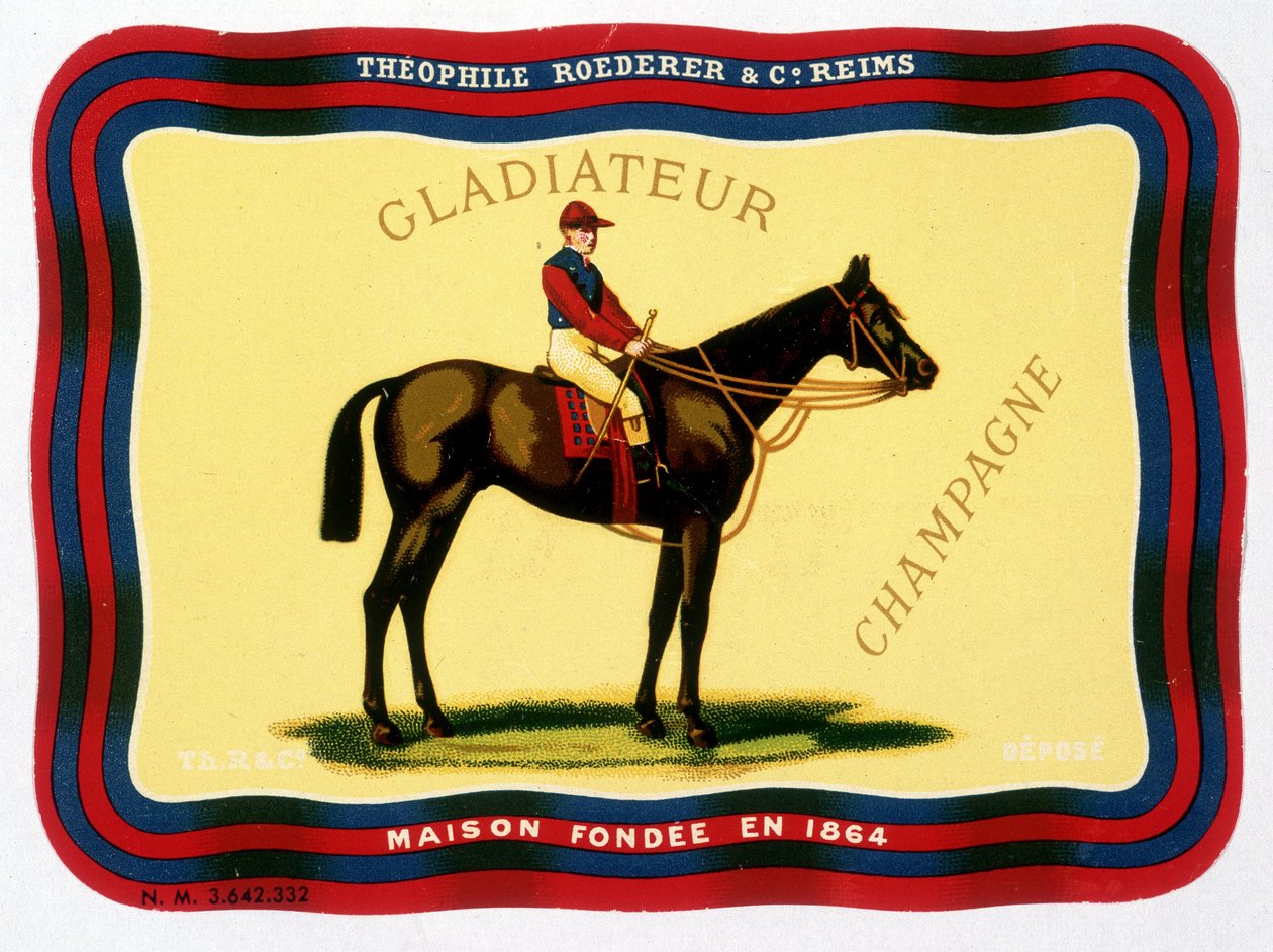广告标签为 "Gladiateur Champagne - Théophile Roederer & C. 。兰斯--成立于1864年的公司"。铬平版印刷，未注明日期。 作者 未知艺术家