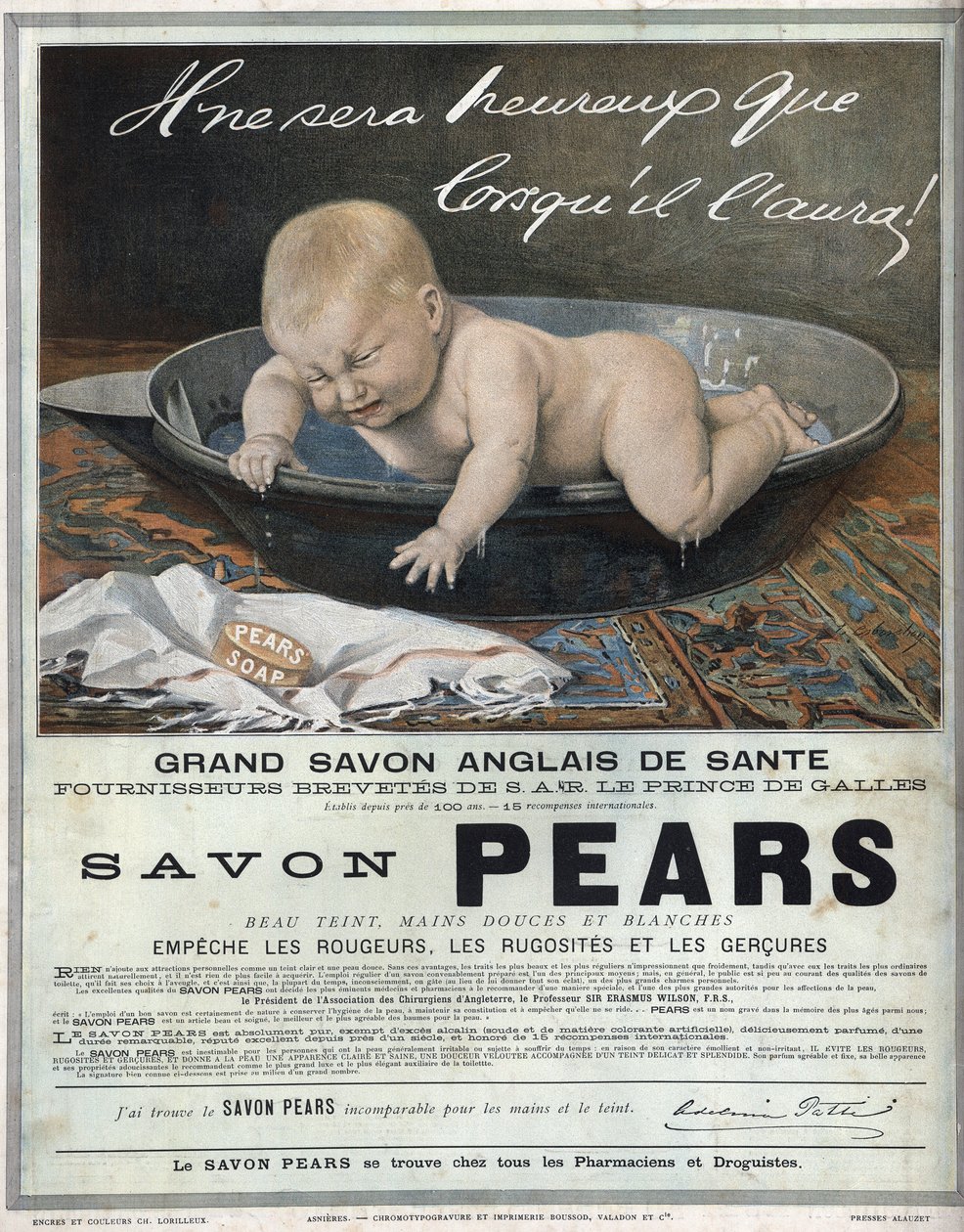 1889年英国肥皂 "Pears "的广告，是伟大的英国健康肥皂。一个婴儿在洗澡时发出呜呜声（哭）并试图抓住肥皂。 作者 未知艺术家