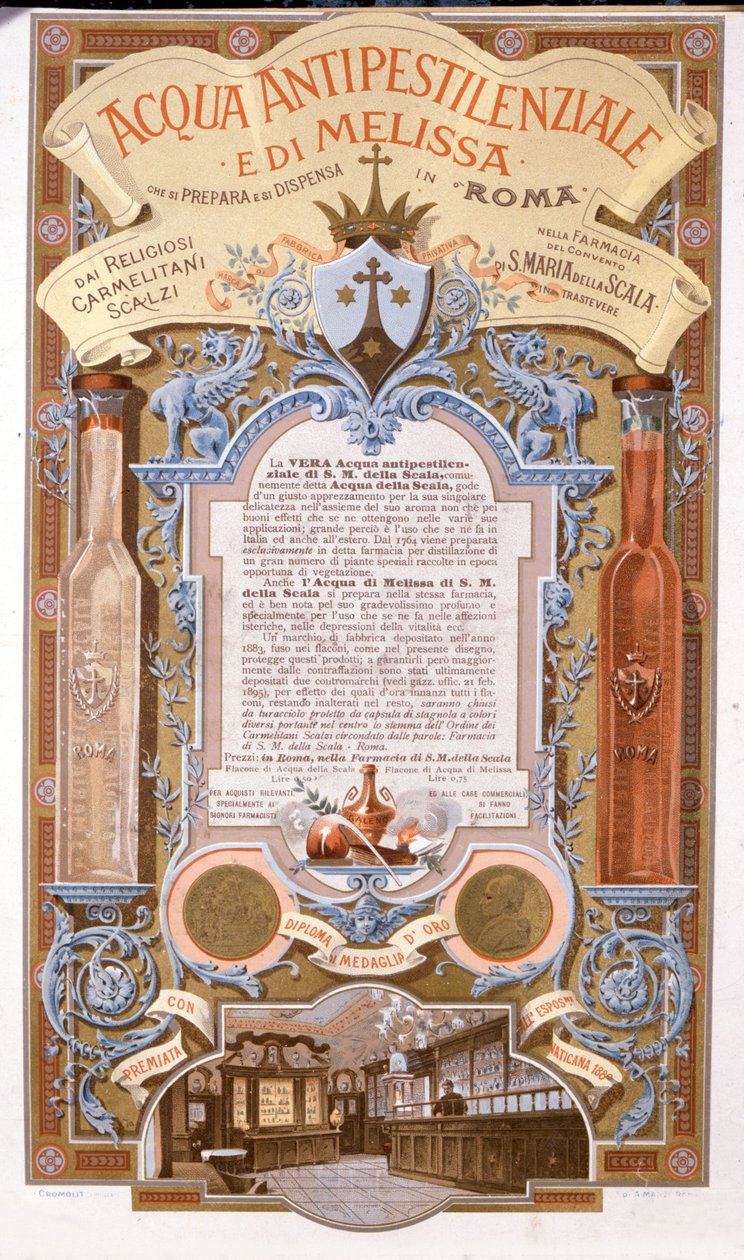 芳香水的广告：防止柠檬香膏瘟疫的水。1895年的色版画 作者 未知艺术家