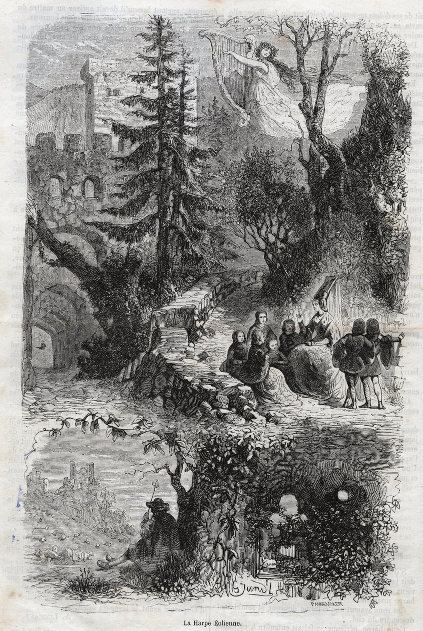 伊奥利亚竖琴--风竖琴--Arpa eolia--风竖琴--用风演奏的乐器--1860年的雕刻品 作者 未知艺术家