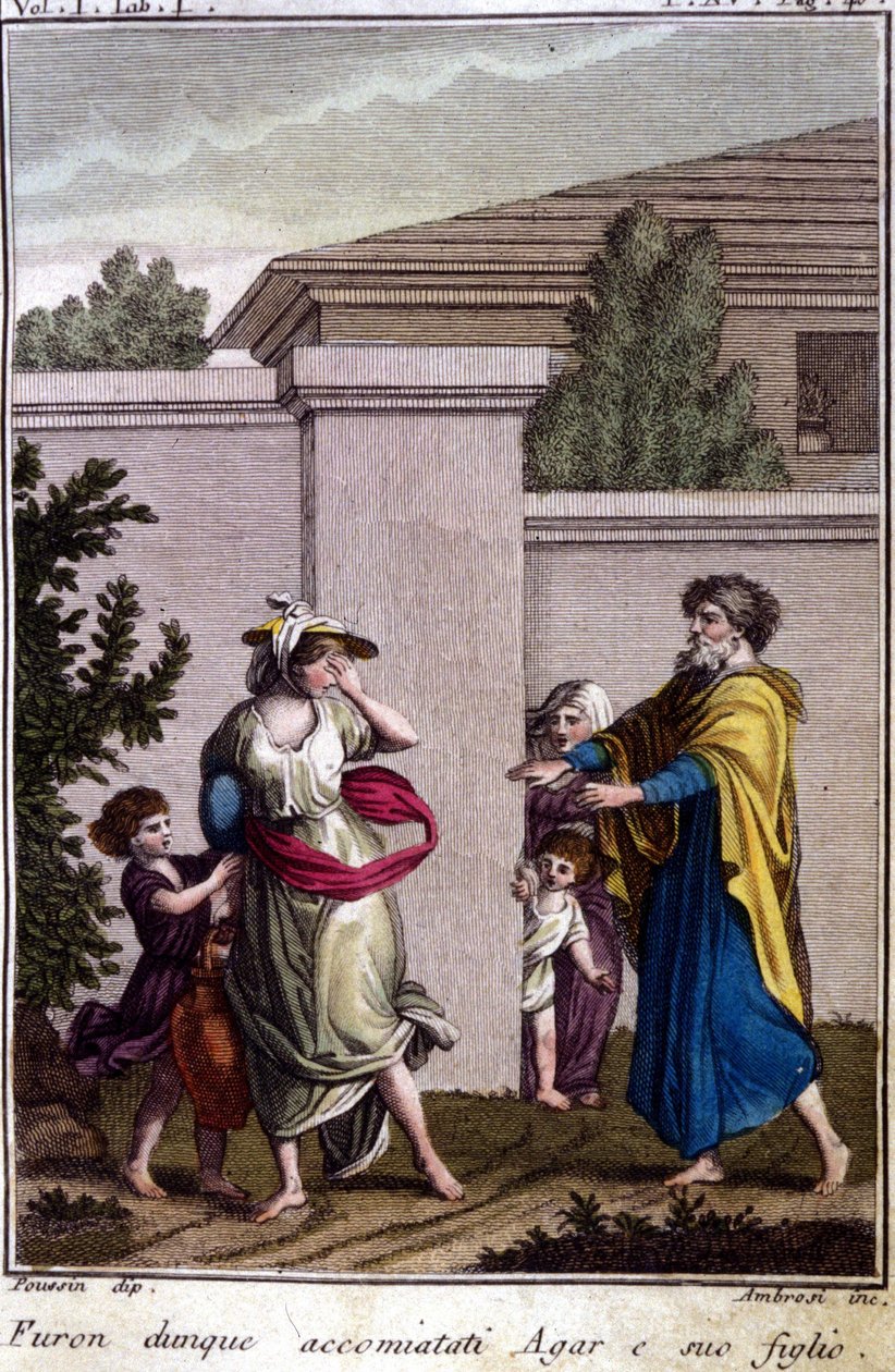 Agar and Ishmael were driven out by Abraham: Agar, who was dismissed, went with his son, Isamel, after the birth of Isaac. Engraving from the beginning of the 19th century. 作者 未知艺术家