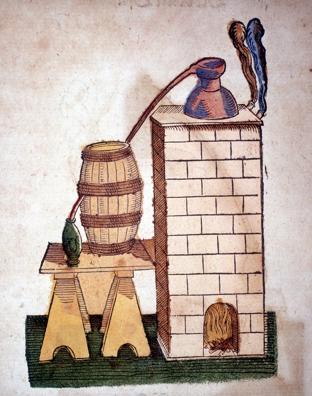 炼金术：蒸馏装置。 Pietro Andrea Mattioli (Matthiole) (1500-1577) 的一本书雕刻。 法兰克福 作者 未知艺术家