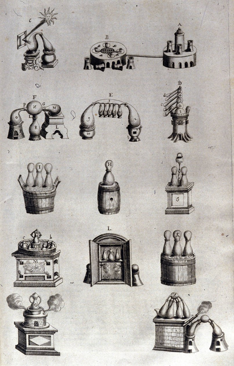 炼金术：代表不同型号的蒸馏设备和蒸馏器的板子。Athanase Kircher（或Athanasius Kircheri 1602-1680），德国耶稣会会员。17世纪的雕版画。 作者 未知艺术家