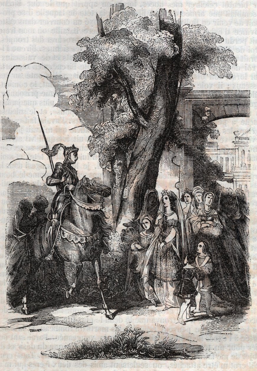 阿尔西娜和她的宫廷来迎接鲁吉罗--1851年的雕刻，出自路多维科-阿里奥斯托的《奥兰多-弗里奥索》（1516年），--由特雷桑伯爵从意大利语翻译的版本，1851年由古斯塔夫-哈佛出版。 作者 未知艺术家