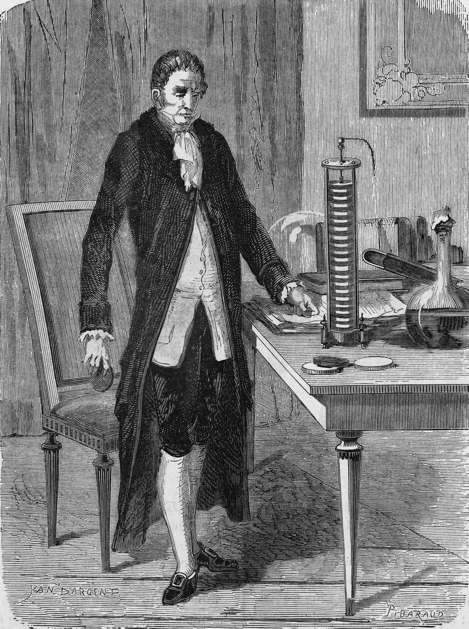 亚历山大（Alessandro）-沃尔塔于1799年12月制造了电动机（或电池）。在 "科学专辑 "中，Éditions Jouvet 作者 未知艺术家