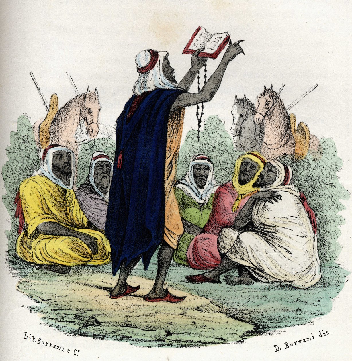 阿尔及利亚。埃米尔阿卜杜勒-卡德尔（Abd-el-Kader或ibn Muhyi al-Din al-Hasani）（1808-1883）在1832年呼吁进行第一次圣战（圣战）。载于《阿尔盖里的历史》，莱昂内-加里贝尔，第二卷。 作者 未知艺术家