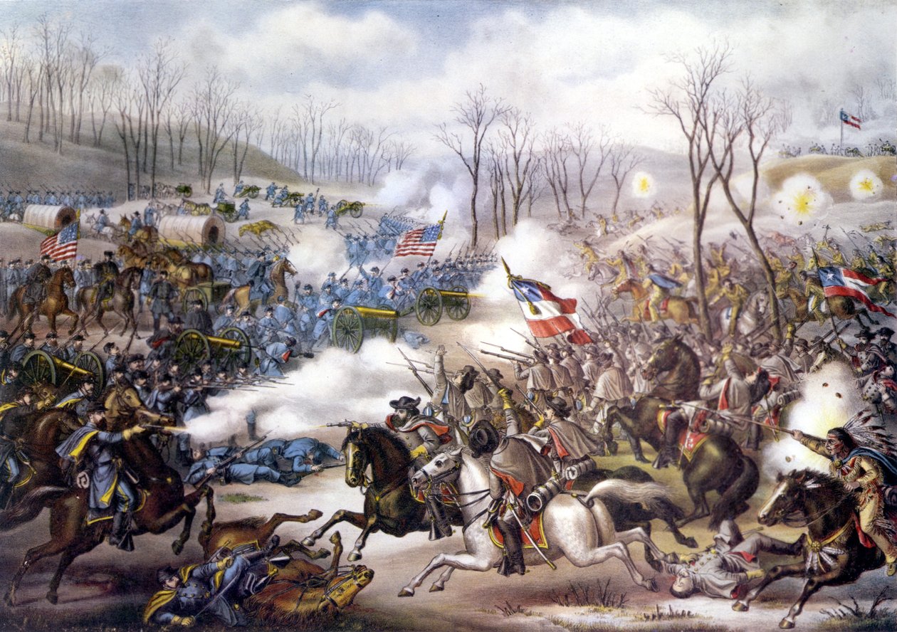 美国内战（1861 年 - 1865 年）：豌豆岭战役或埃尔克霍恩酒馆（阿肯色州）1862 年 3 月 6 日至 8 日。19 世纪的雕刻。 作者 未知艺术家