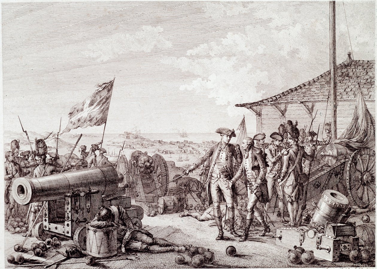 美国独立战争：1779 年 7 月 6 日英国皇家海军和法国海军之间的格林纳达海战（雕刻 作者 未知艺术家
