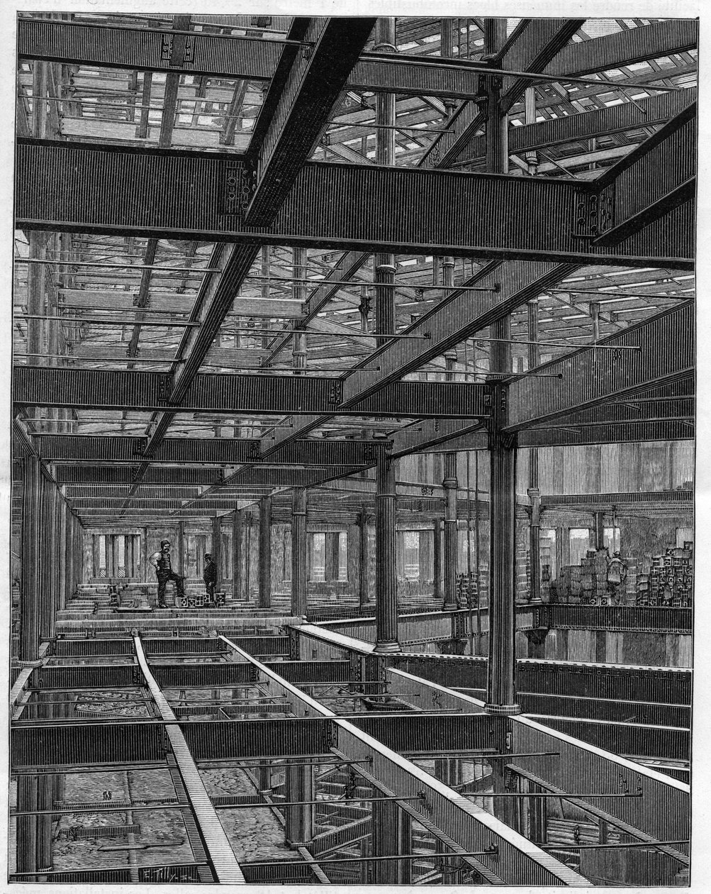 美国的铁架建筑--科罗拉多州丹佛市皇宫酒店的框架--1892年的《自然》杂志上的雕刻。 作者 未知艺术家