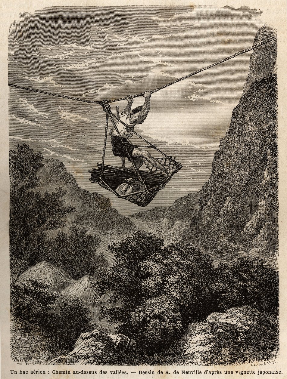An air ferry, path above the valles, a kind of string basket is suspended from a rope, for the transport of men and materials, its displacement is done by the strength of the arms, pulling the suspension rope. Engraving to illustrate the voyage to Japan in 作者 未知艺术家