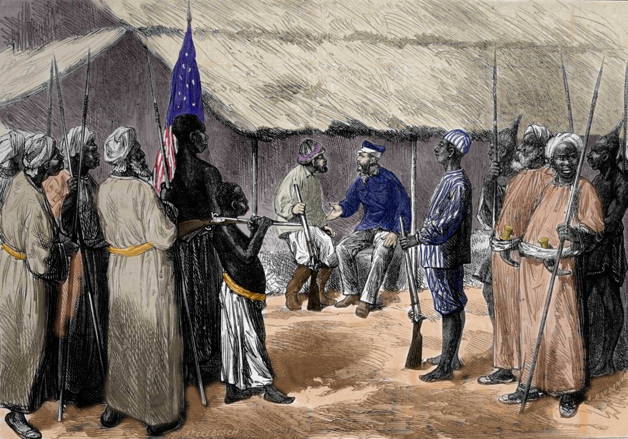 英国传教士、非洲探险家大卫-利文斯通（1813-1873）和威尔士记者、非洲探险家亨利-莫顿-斯坦利（1841-1904）在中非一个村庄的相遇。 作者 未知艺术家