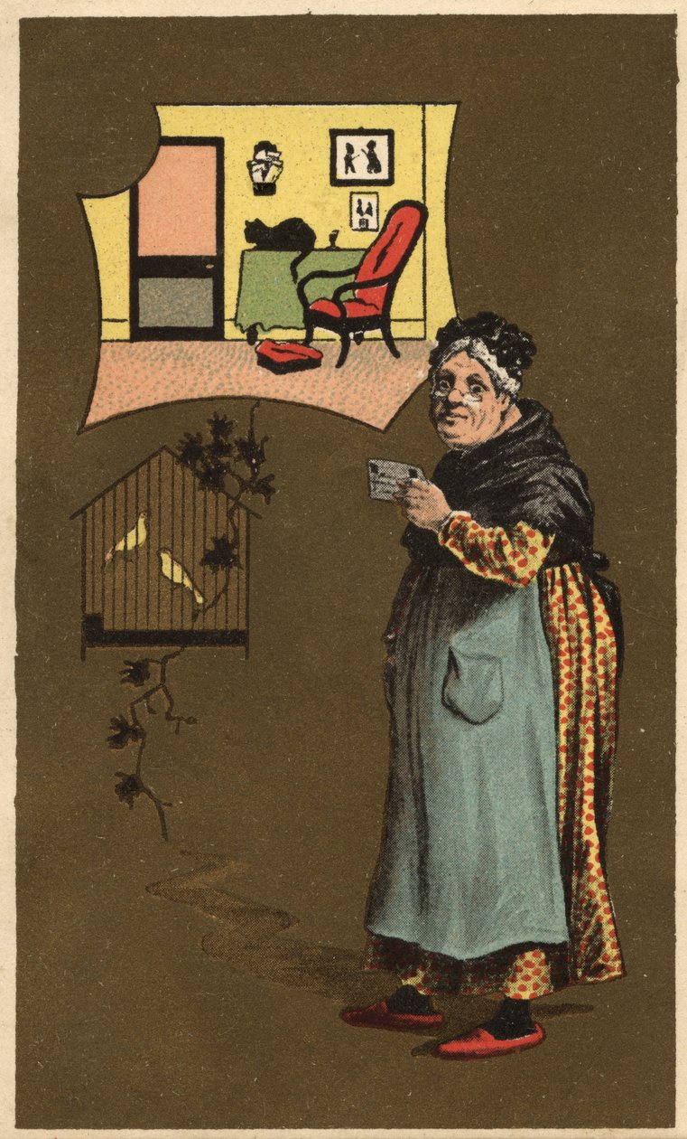 一位老妇人在一个有鸟的笼子旁拿着杯子。佚名的彩色石版画，19世纪末。 作者 未知艺术家