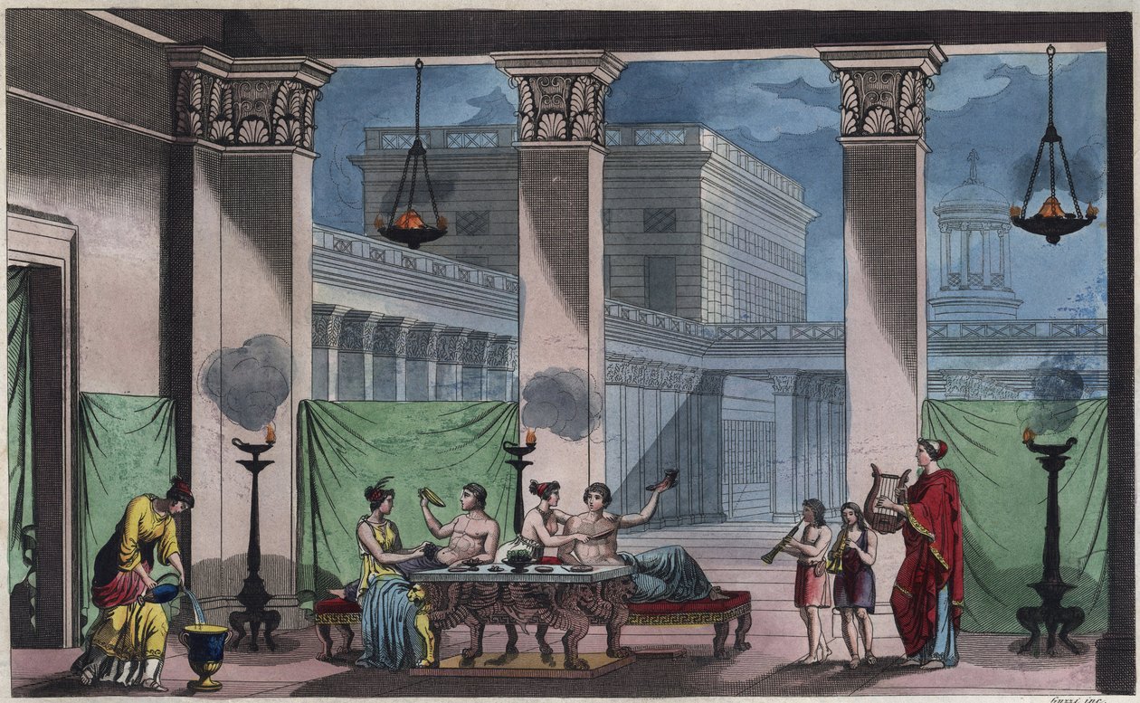 古希腊--Triclinium--来自 "宇宙中所有民族的用途和习俗 "的雕刻品。或《从最遥远的时代到今天所有国家的政府、法律、民兵、宗教的历史》1856年 作者 未知艺术家