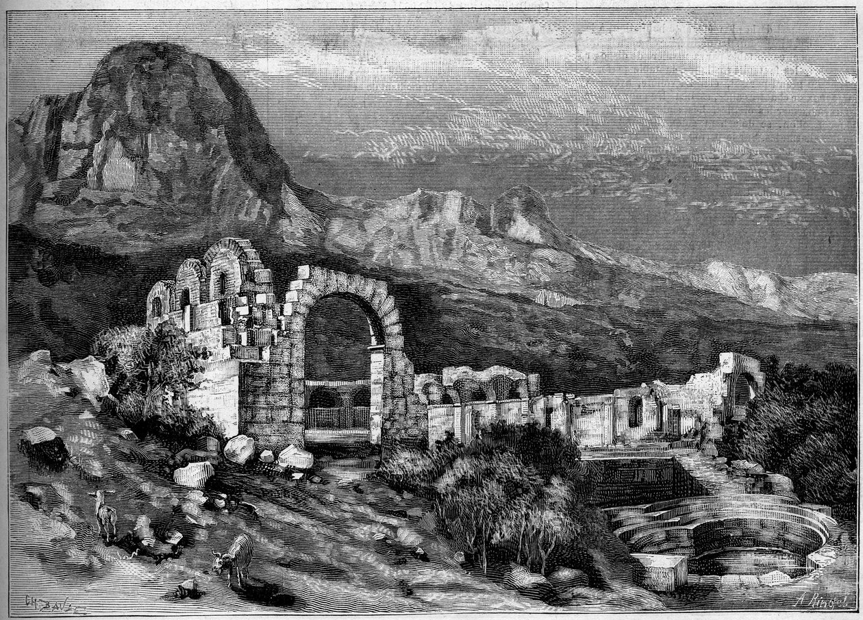 古代建筑：Zaghouan（突尼斯）的罗马神庙遗址。雕刻：Riugel 在1882年4月22日的 "插图世界 "第1308期中。 作者 未知艺术家