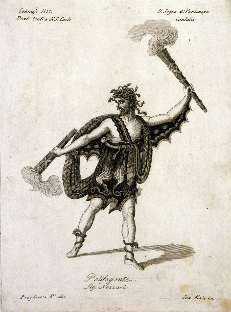 安德里亚·诺扎里 (1775-1832) 在乔瓦尼·西蒙·迈尔 (Johann Simon Mayr) (1763-1845) 的《帕特诺佩之梦》中饰演波利夫贡特 (1763-1845) - 那不勒斯，圣卡洛剧院 作者 未知艺术家