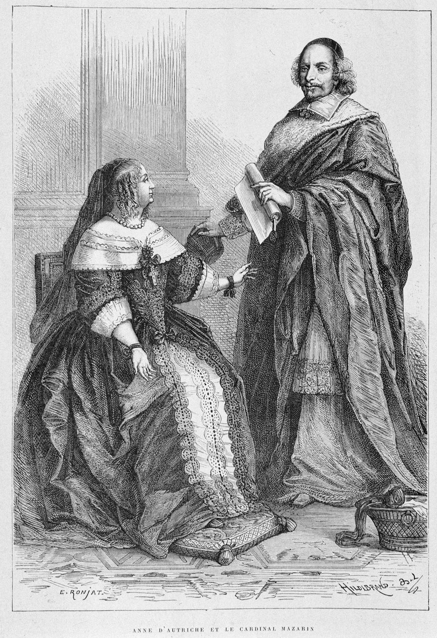 奥地利的安妮和红衣主教 Jules Mazarin (Giulio Raimondo Mazzarino 或 Mazarino) (1602-1661) - Grav.，在 M. Guizot 的“从最偏远时代到 1789 年的法兰西历史”中 作者 未知艺术家