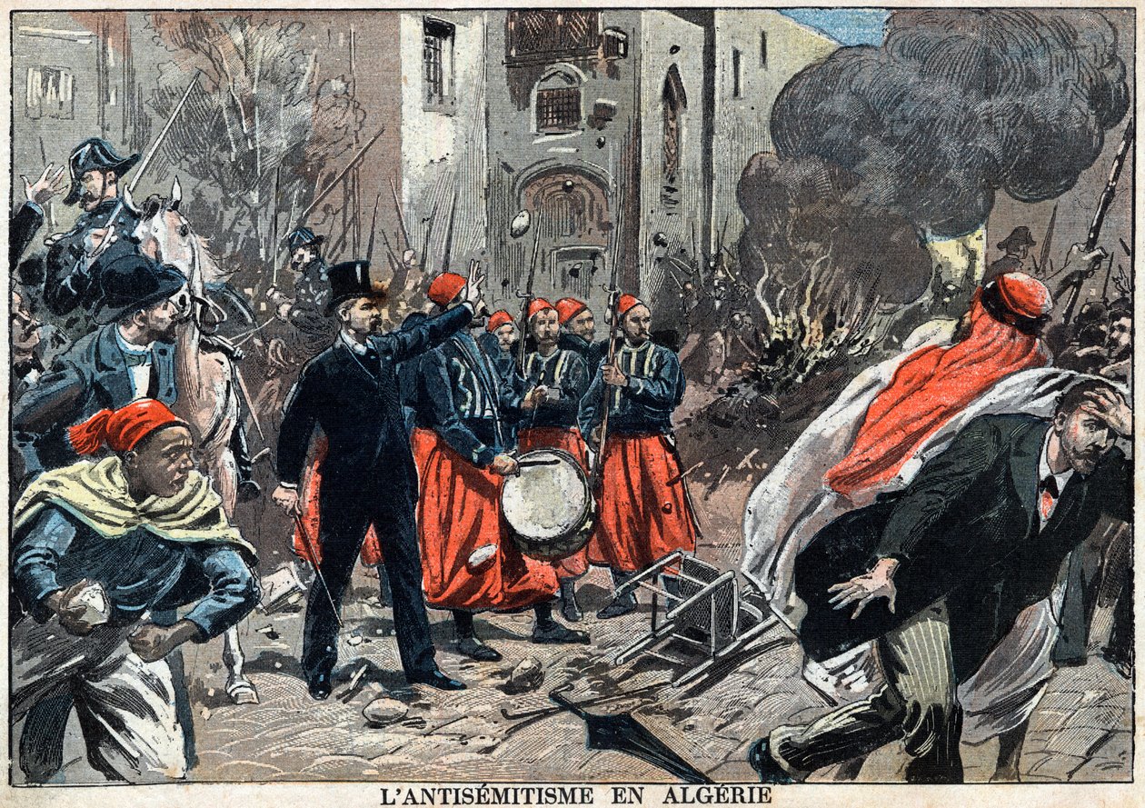 1898年阿尔及利亚的反犹太主义--在阿尔及尔，发生了反犹太主义抗议活动，总督路易-勒平出面制止了对犹太商店的抢劫，这是2月6日《Le-Pelerin》报的插图。 作者 未知艺术家