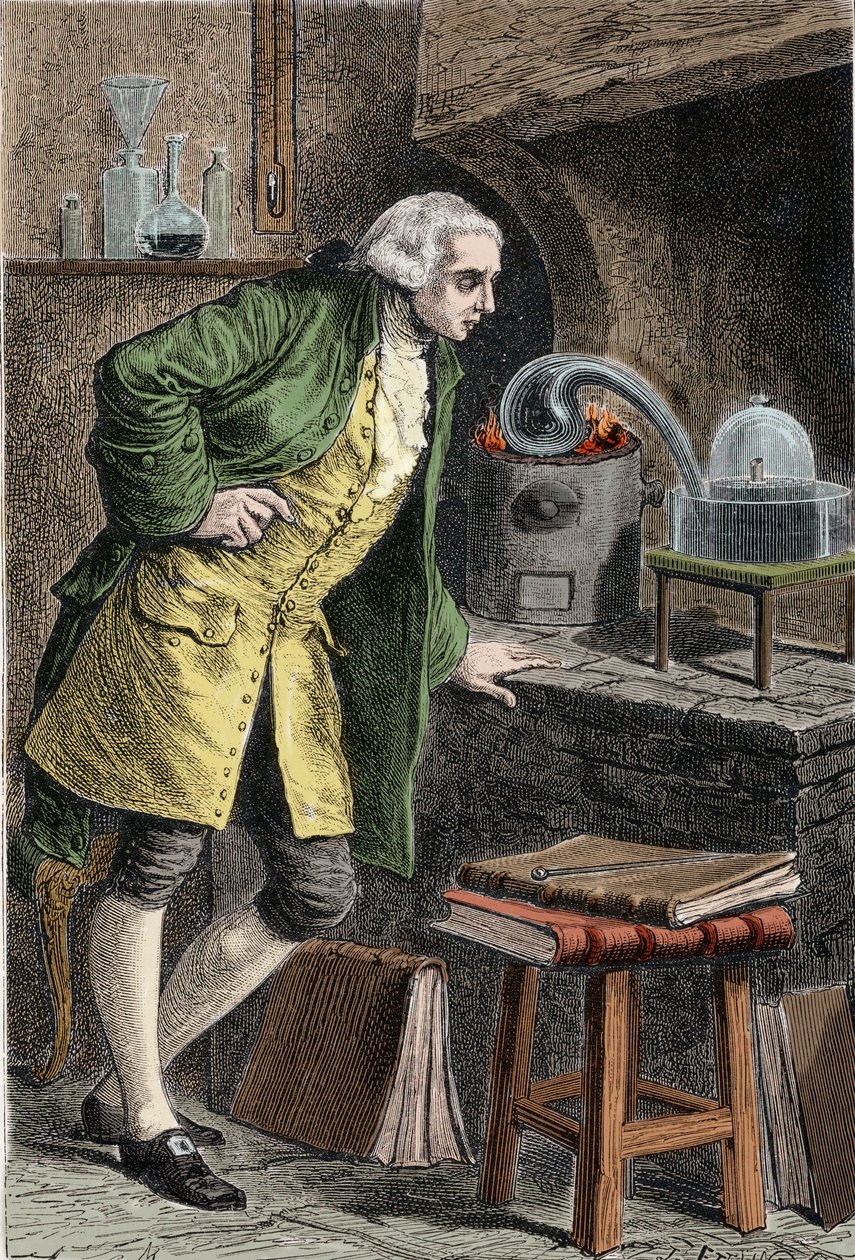 Antoine Laurent Lavoisier (1743-1894) 法国化学家，研究空气中氧气的存在：他获得氧化汞的实验 - Lavoisier dans son Laboratory。 19 世纪的雕刻。 作者 未知艺术家