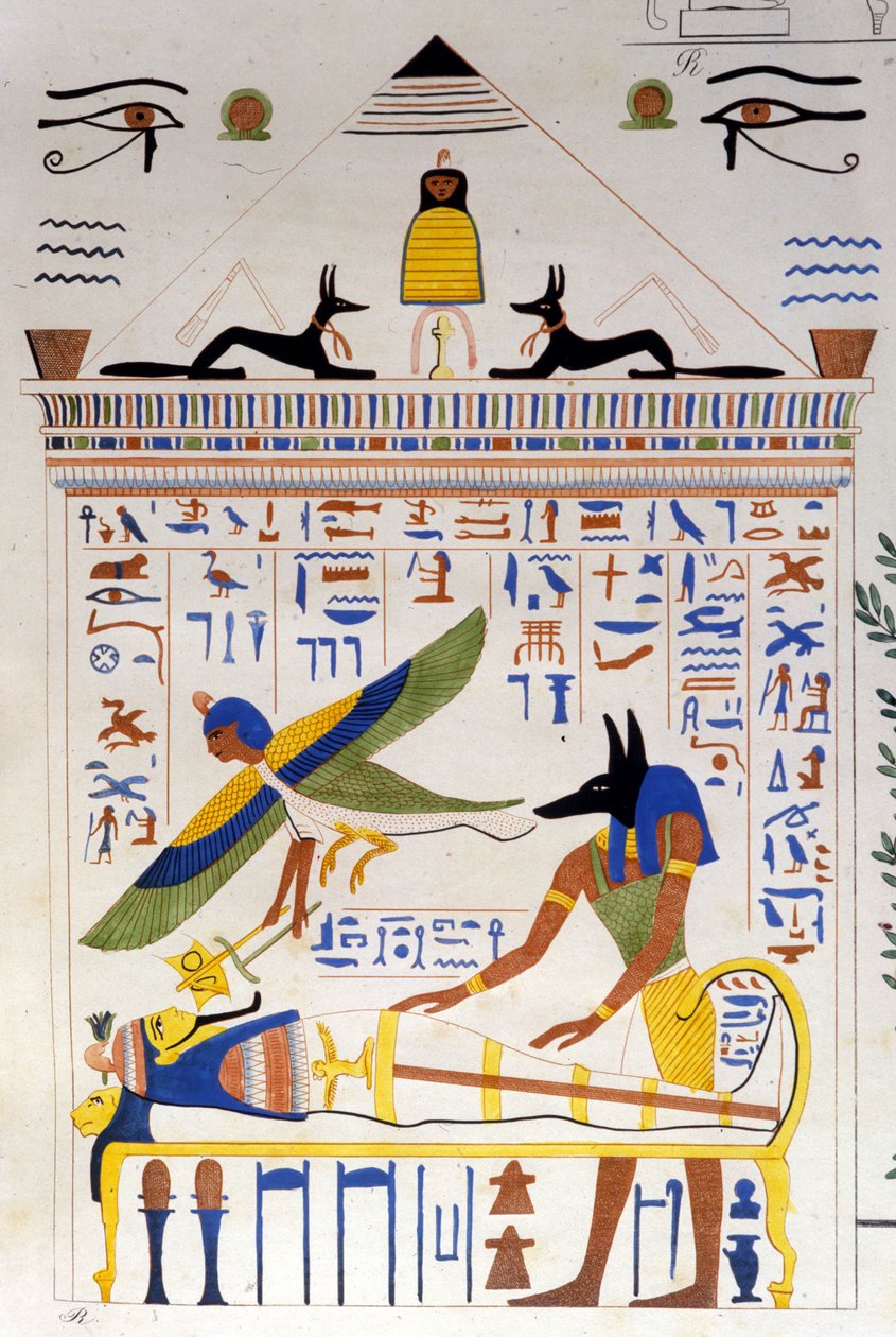 Anubis takes care of the mummy while the soul of the deceased flies for transmigration - in “” Monuments of Egypt and Upper Nubia”” by Ippolito Rosellini (Rossellini). 作者 未知艺术家