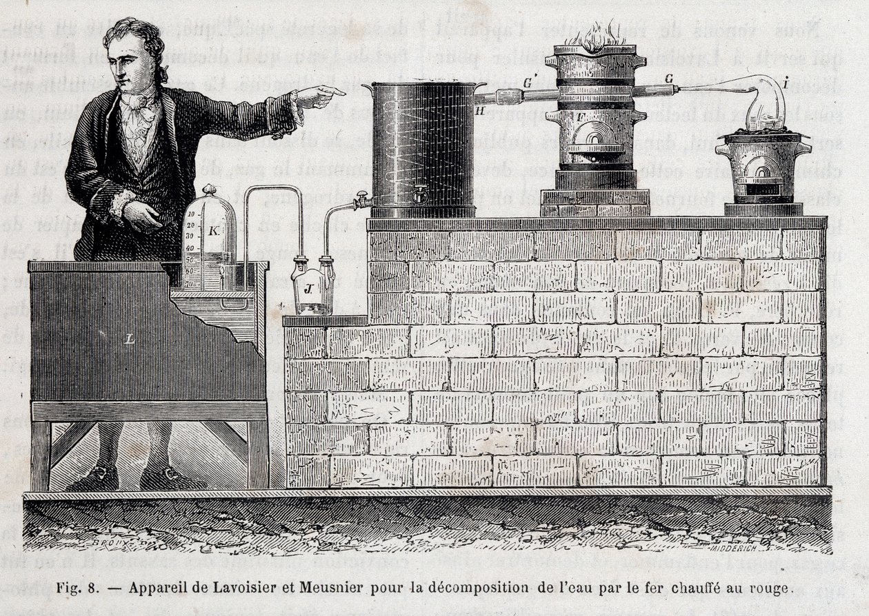 Antoine Laurent de Lavoisier 和 Meusnier 用于通过加热至红色的铁分解水的装置 - 在菲吉耶的“工业奇迹”中 作者 未知艺术家