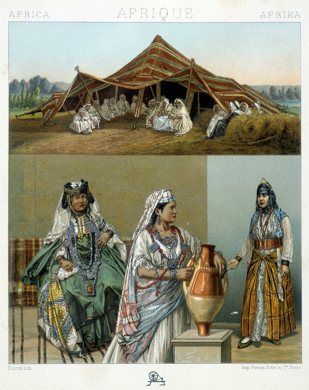 Arab tent, Algerian female costumes - in “” Le costume historique”” by Racinet 作者 未知艺术家