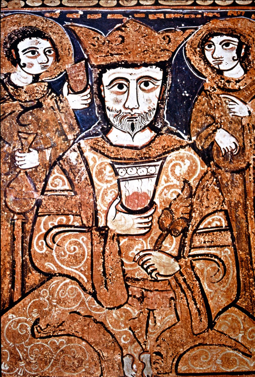 西西里岛的罗杰二世（1095-1154）的阿拉伯诺曼风格肖像围绕着高官。 从 12 世纪开始在木头上作画。 巴勒莫，Cappella Palatina del Palazzo Reale（皇宫的帕拉蒂尼教堂）西西里岛，意大利 作者 未知艺术家