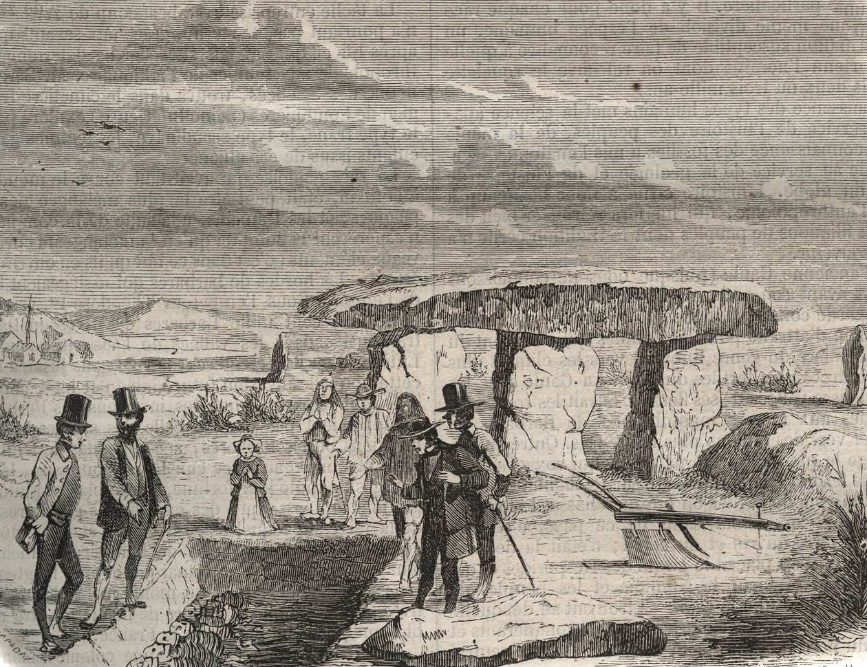 考古发掘：在瓦兹省的Dolmen de la Pierre aux Fees (Pierre-aux-Fees)附近发现高卢人的坟墓（60）。1856年在 "Le Musee Des Sciences "中的雕版画 作者 未知艺术家