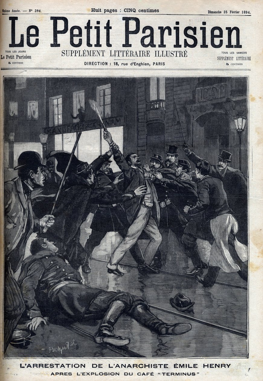 无政府主义者埃米尔-亨利（1872-1894）在巴黎的 "终点站 "咖啡馆爆炸后被捕。刊登在 "巴黎人报 "上的版画 作者 未知艺术家