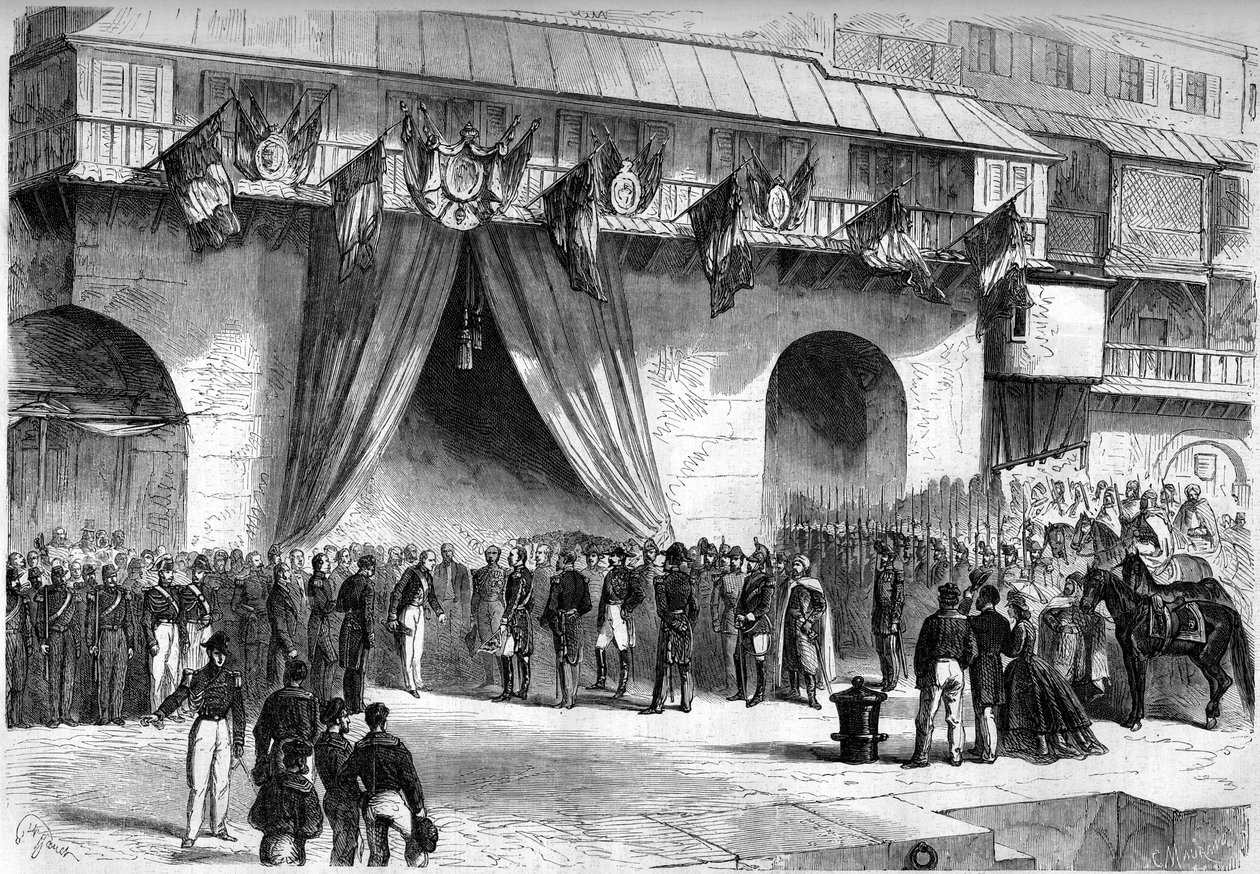 1864年9月19日，被任命为阿尔及利亚总督的马克-马洪（Mac Mahon）（1808-1893）的马雷切尔抵达阿尔及尔。在阿德米拉特的金库下受到民事和军事当局的接待。 作者 未知艺术家
