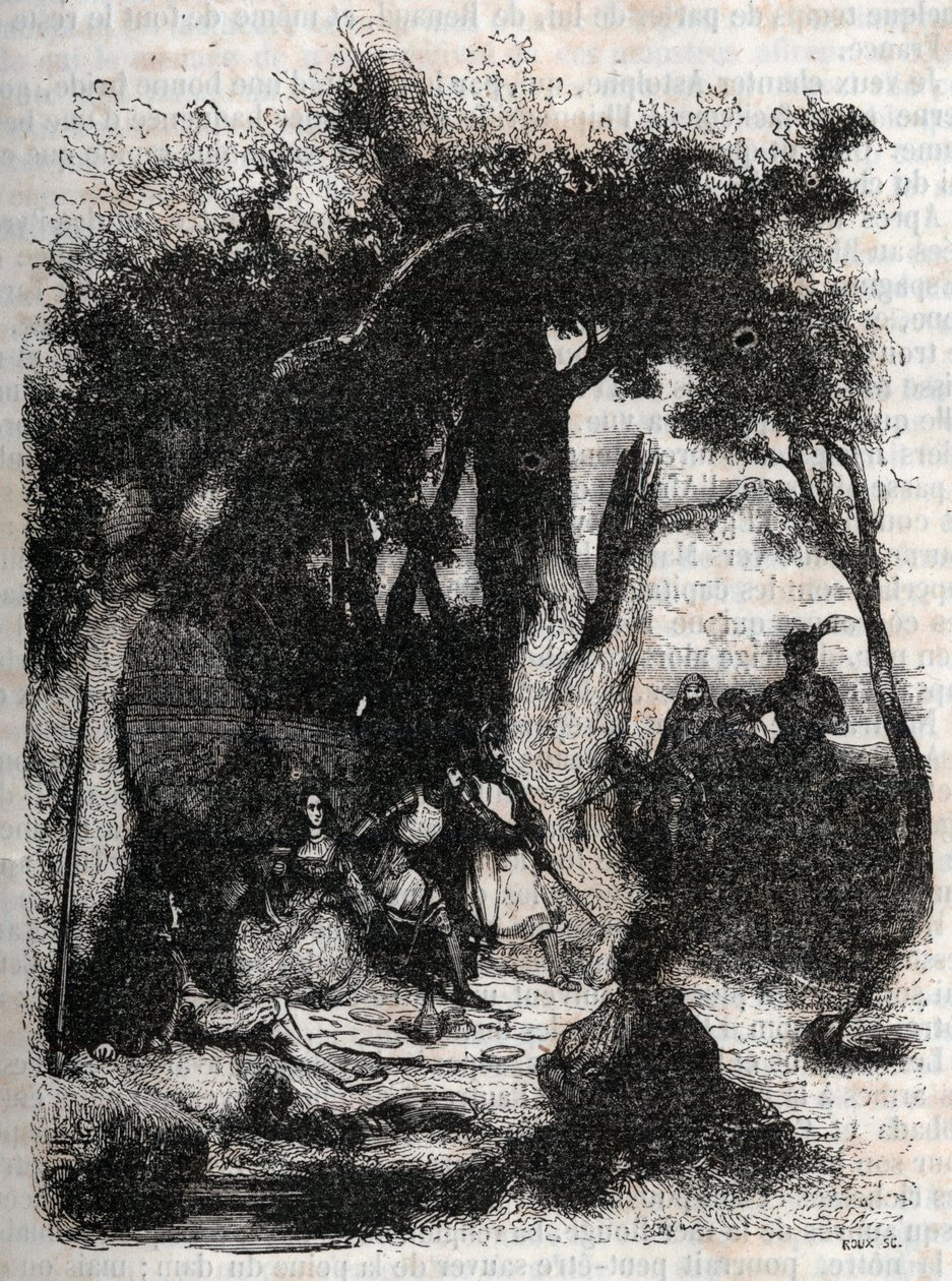 罗多蒙和曼德里卡德抵达梅林喷泉--1851年的雕刻，出自卢多维科-阿里奥斯托的《罗兰-弗里埃》（Orlando furioso）（16世纪），被称为阿里奥斯塔--由特雷桑伯爵从意大利文翻译过来的版本，并由其出版。 作者 未知艺术家