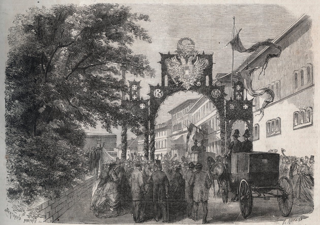 1865年，奥地利的伊丽莎白女王（Sissi）（Elisabeth of Austria）抵达巴德基辛根（Spa）--1865年《图解世界》中的雕刻作品 作者 未知艺术家