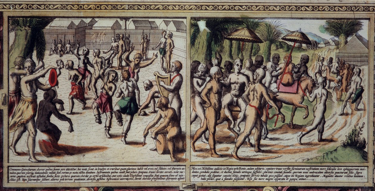 葡萄牙艺术：路易斯·特谢拉（Luis Texeira，1602-1650 年）绘制的几内亚地图土著细节舞蹈，17 世纪版画。 作者 未知艺术家