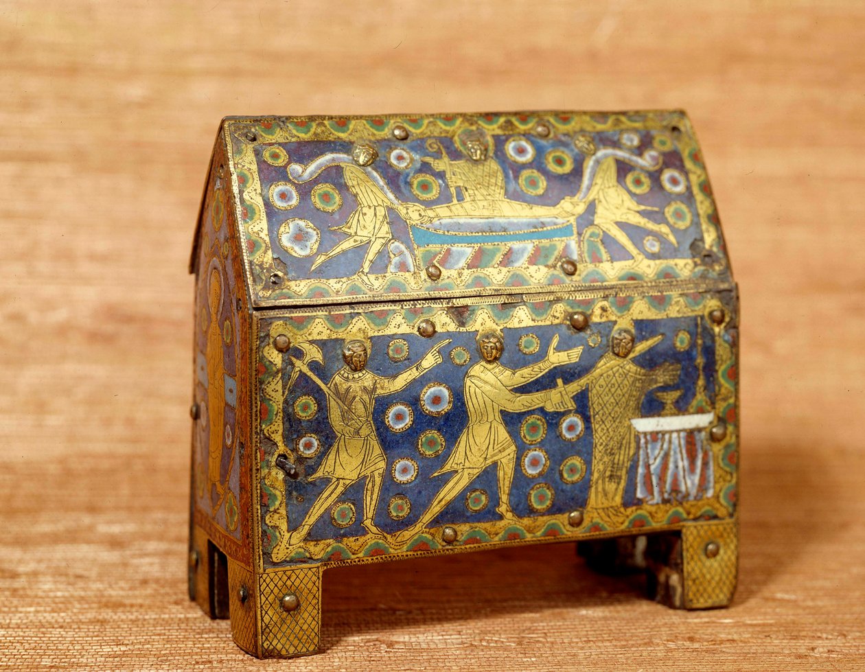 艺术品：坎特伯雷大主教圣托马斯·贝克特（Saint Thomas Becket，1118-1170 年）的珐琅狩猎、金和铜。 约 1200 暗淡。 0,16x0,142 米。 巴黎，中世纪国家博物馆，Thermes de Cluny 作者 未知艺术家
