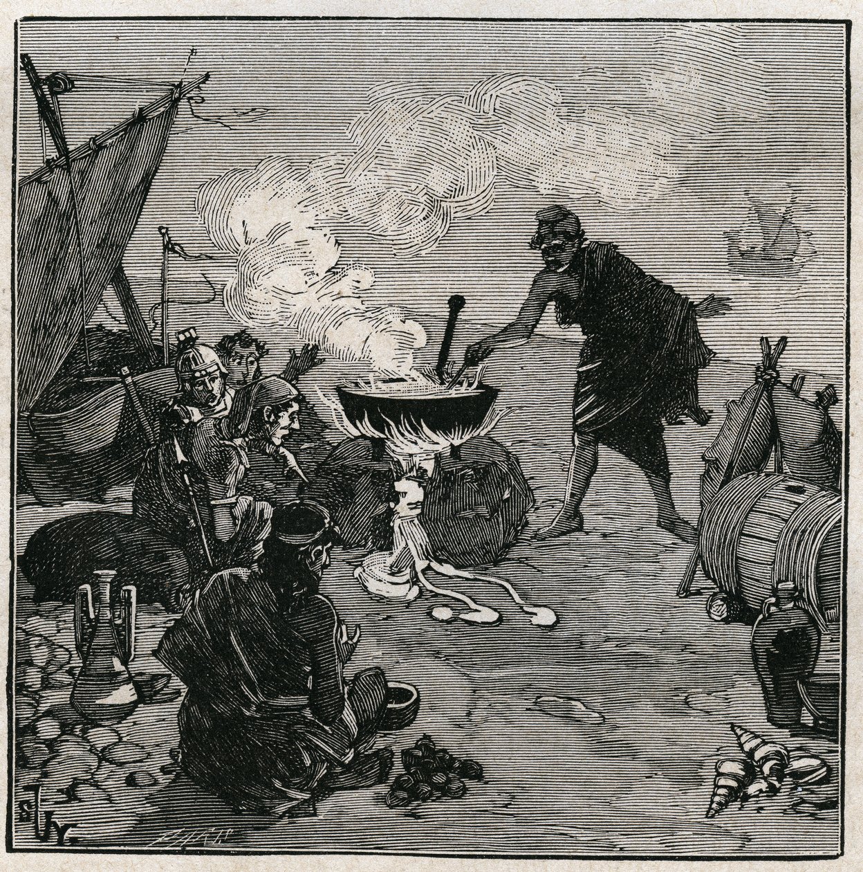 玻璃艺术：根据老普林尼（公元23-79年），发现了玻璃化技术。在Antiquite，商人们在海滩上生火失败，燃料中含有Kali植物。这些蔬菜提供了足够的苏打，通过与沙子混合生产玻璃。1885年的雕版画 作者 未知艺术家