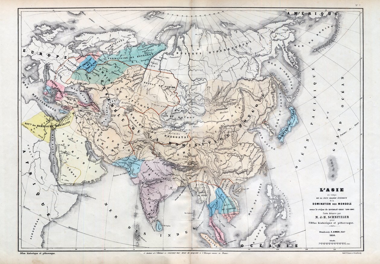 忽必烈（Kubilai Khan）统治下的蒙古人统治的最大范围的亚洲（1260-1294）--地图由M J-H Schnitzler编制，历史和图画地图集1857。 作者 未知艺术家