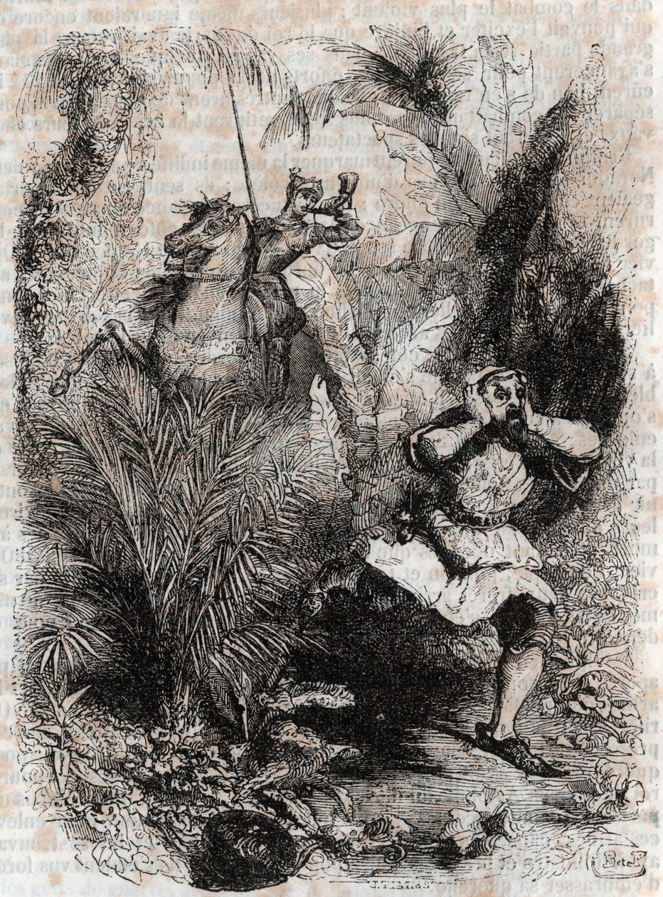 阿斯托尔菲使卡里戈兰特逃亡--1851年雕刻自卢多维科-阿里奥斯托的《愤怒的罗兰》（Orlando furioso）（16世纪），被称为阿里奥斯托--由特雷桑伯爵从意大利语翻译的版本，由古斯塔夫-哈佛1851年出版。 作者 未知艺术家