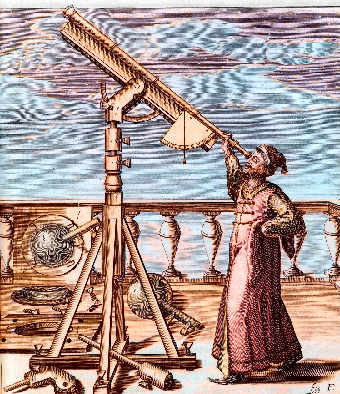 天文学家用望远镜观察天空--摘自：Johannes Hevelius (1611-1687), Selenographia, sive Lunae descriptio (Selenography, or A Description of The Moon) 作者 未知艺术家