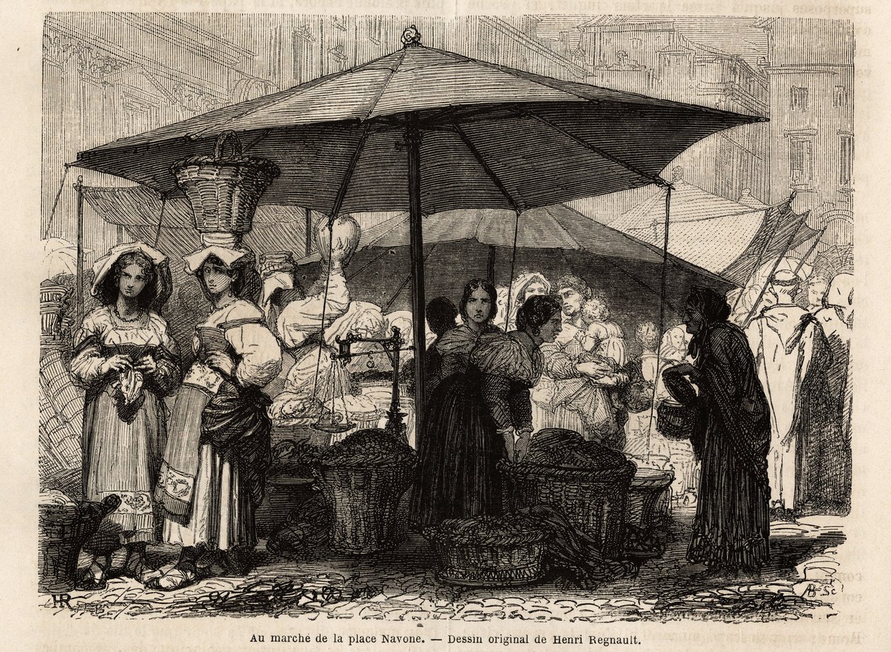 在罗马（意大利）纳沃纳广场的脚下。弗朗西斯-韦在1864年至1868年期间为罗马的航行绘制的插图，发表在 "Le tour du monde, nouveau journal des voyages "上，由Edouard Charton指导。 作者 未知艺术家