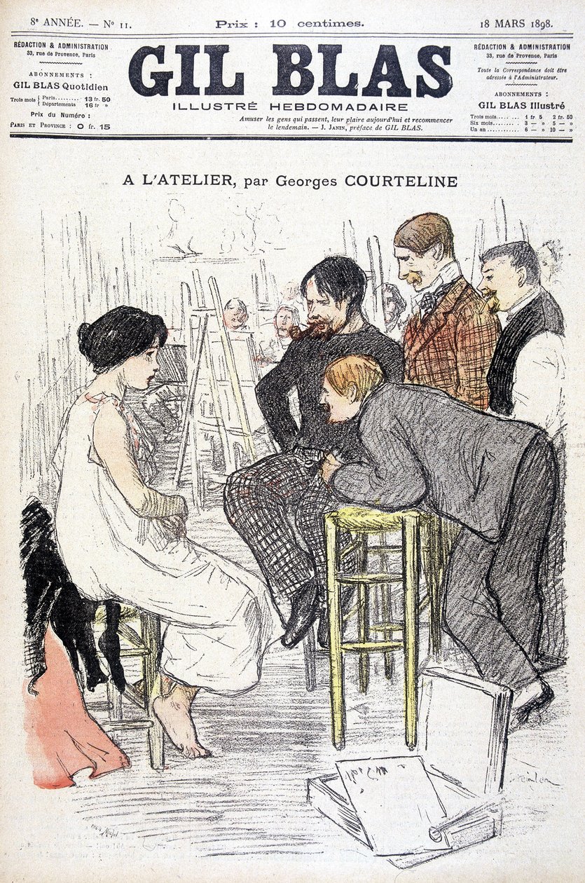 在Georges Courteline的工作室。男子在车间里看一个女人摆姿势。在 "Gil Blas"，1898年3月18日。 作者 未知艺术家